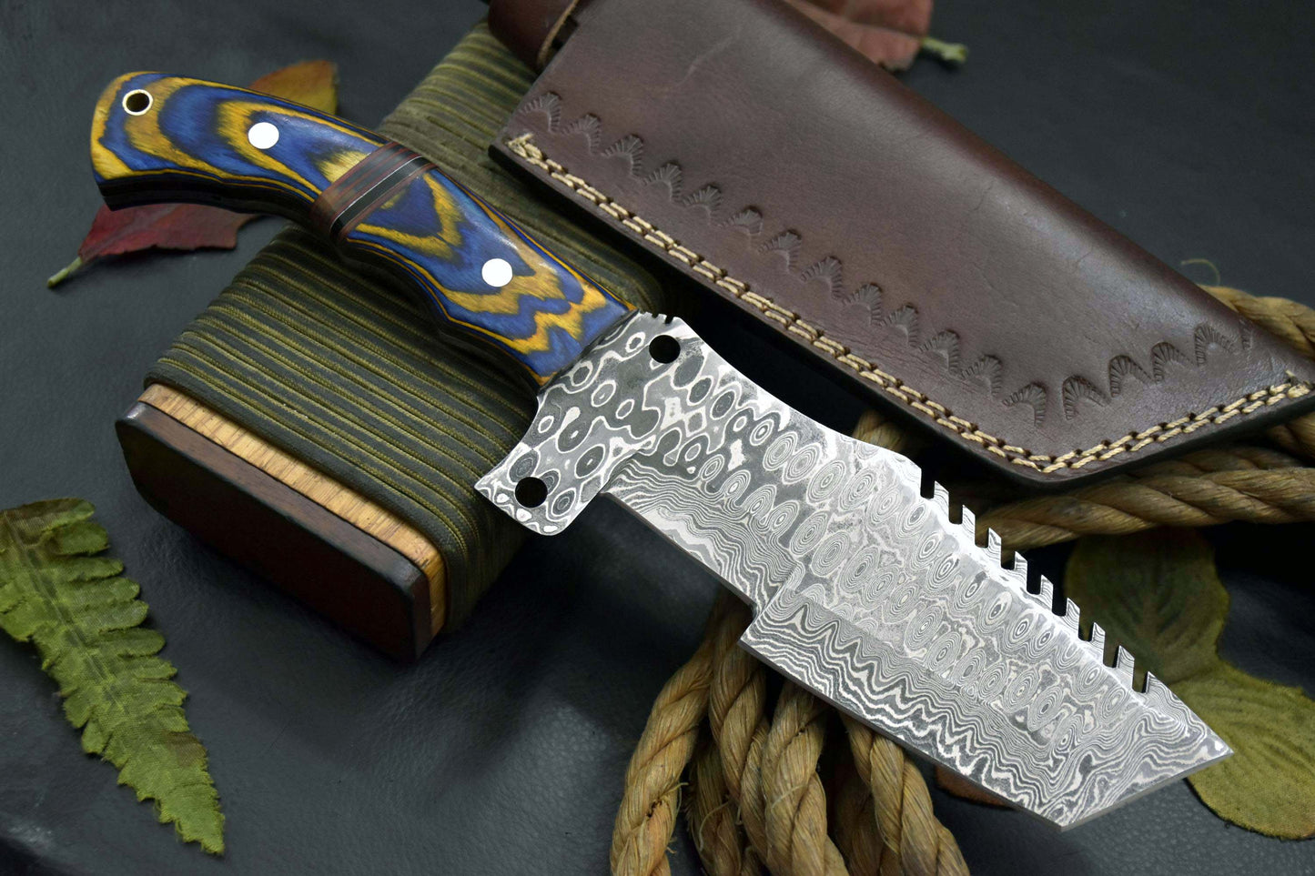 Tracker Knife Custom Damascus Steel Hunting Knife Handmade Full Tang Blade Bushcraft Camping Knife Leather Sheath Personalised Gift For Him
