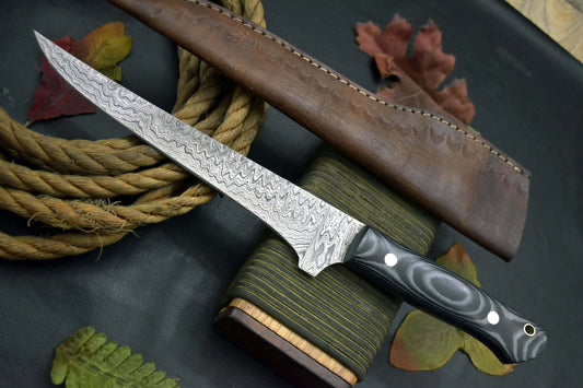 Fillet Hunting Knife Custom Handmade Damascus Steel Knife with G-10 Micarta Handle and Leather Sheath