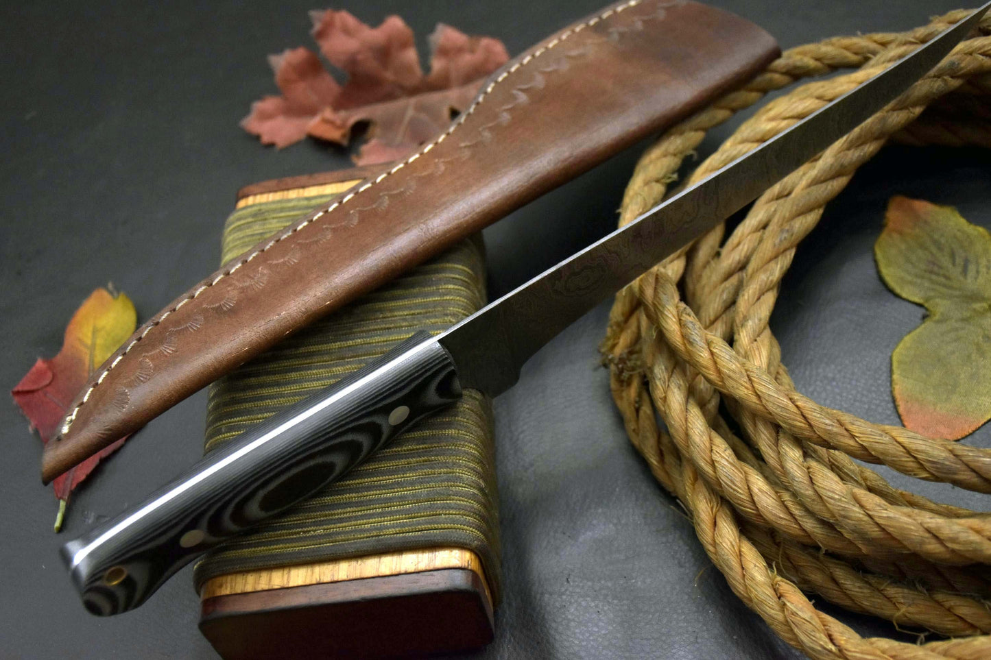 Fillet Hunting Knife Custom Handmade Damascus Steel Knife with G-10 Micarta Handle and Leather Sheath