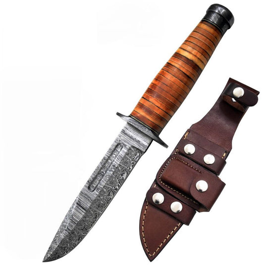 Combat Knife Custom 11.5'' OAL Damascus Steel Hunting Knife Handmade Knives Leather Handle Birthday Gift Anniversary gift for him Camp gift